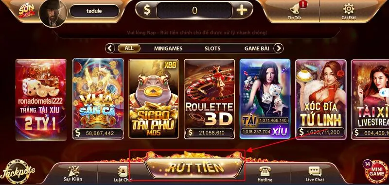 Sunwin 23 Chọn biểu tượng rút tiền màu vàng ở góc dưới màn hình