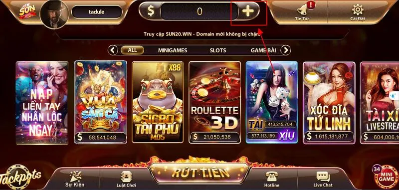 Sunwin 21 Chọn dấu cộng để tiến hành nạp tiền vào tài khoản cổng game