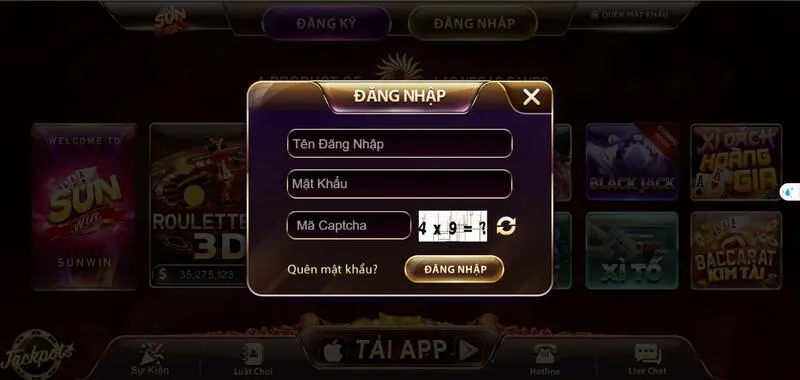 Sunwin 20 Nhập đầy đủ thông tin trong form đăng nhập