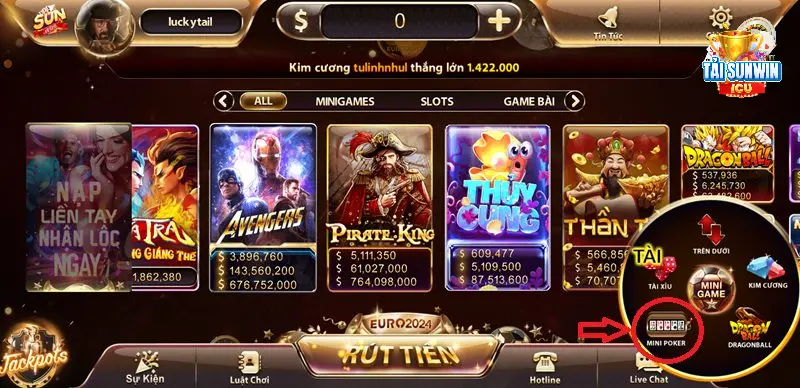 Mini Poker Sunwin - Giải mã sức hút đến từ minigame đặc sắc 5 Biểu tượng mini poker được bố trí dễ nhìn ở sảnh sunwin